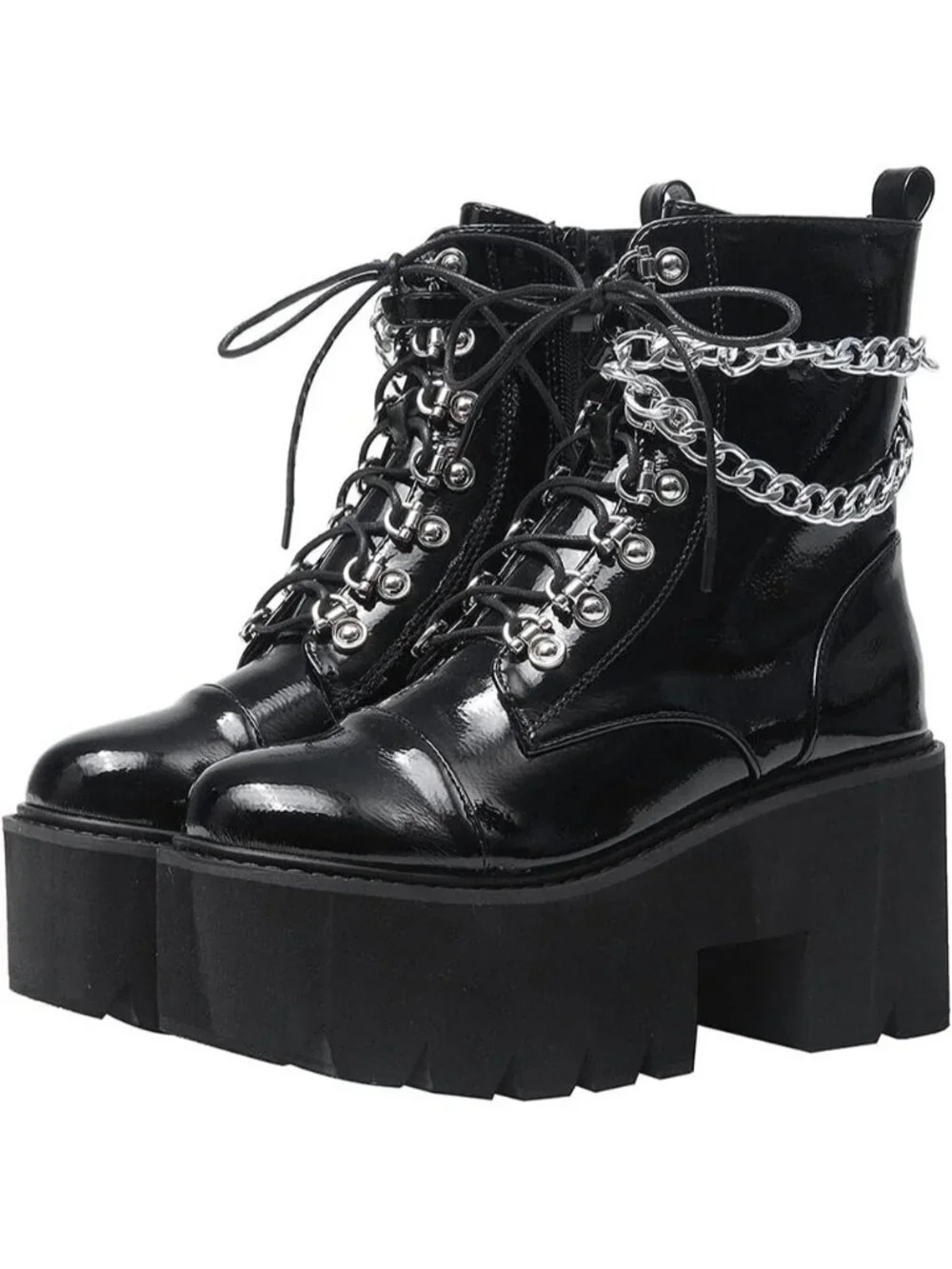 Women's Black Rubber Platform Chunky Wedge Lace Up Chain Zipper Ankle Booties